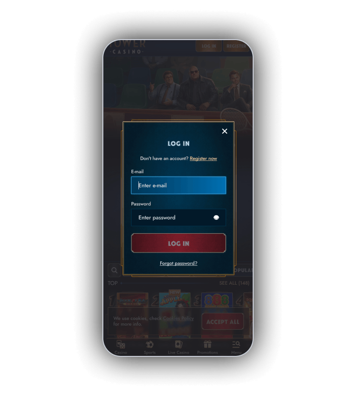 TowerCasino login screen for account access and registration
