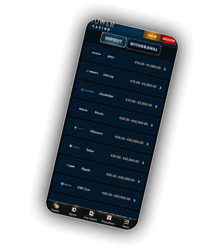 TowerCasino cashier showing cards, bank methods and cryptocurrency payment options