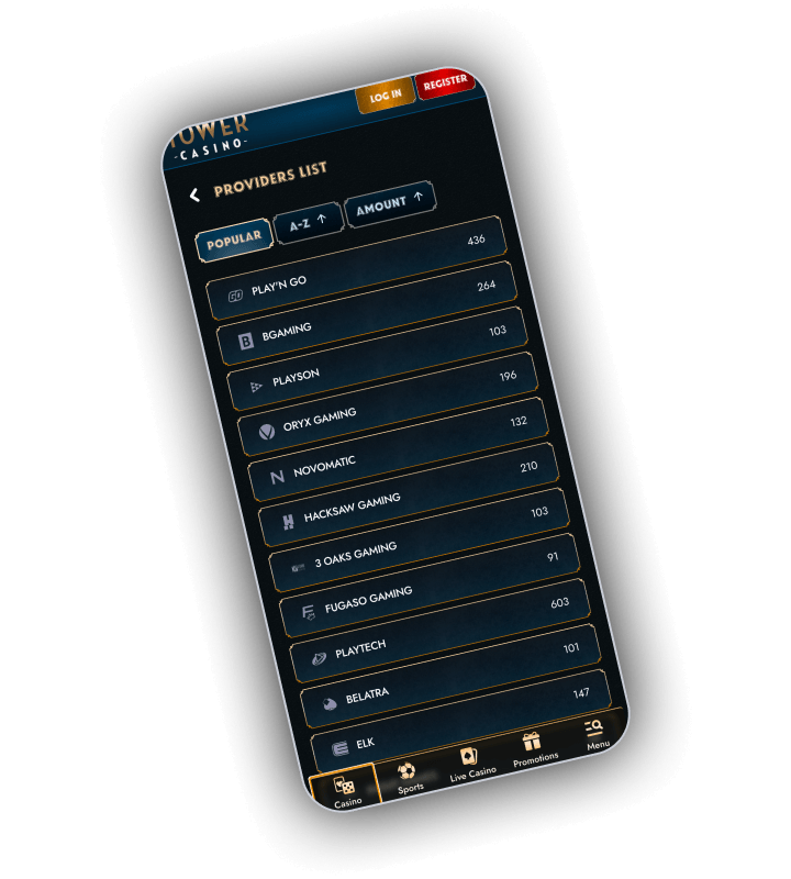 TowerCasino provider list showing multiple game studio filters