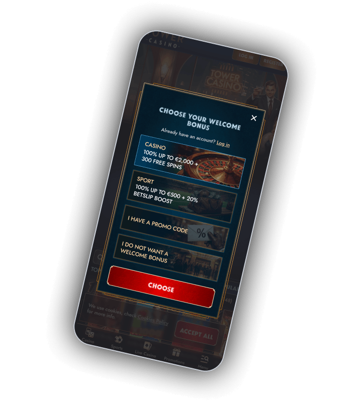 TowerCasino registration screen with casino and sport welcome bonus choices