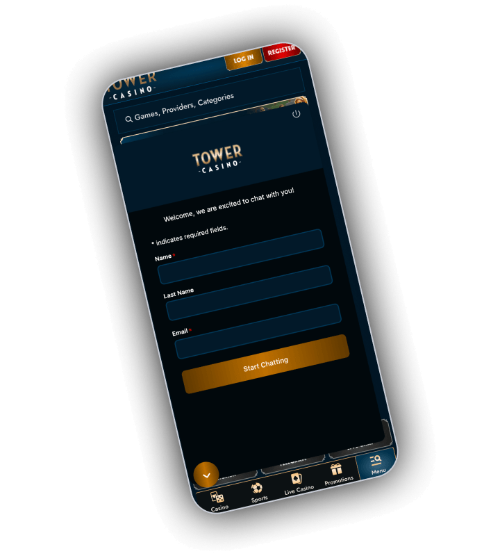 TowerCasino support screen with live chat and contact options