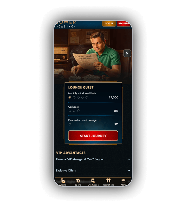 TowerCasino-VIP-Bereich mit Angaben zur Einstiegsstufe Lounge Guest